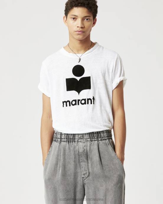 Isabel Marant muži ľanové tričko s logom karman V6XH1289 oblečenie biely